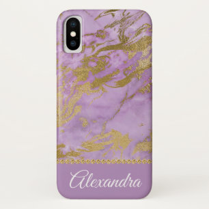 Capa Para iPhone X Feminino elegante de mármore roxo e Dourado