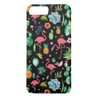 Flamingos cor-de-rosa e flores tropicais e suculen