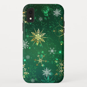 Capa Para iPhone Da Case-Mate Flocos de neve do Ouro Xmas em fundo verde