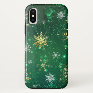 Capa Para iPhone Da Case-Mate Flocos de neve do Ouro Xmas em fundo verde
