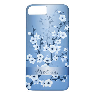 Capa iPhone 8 Plus/7 Plus Floral Cherry Blossomas White Blue Monograma