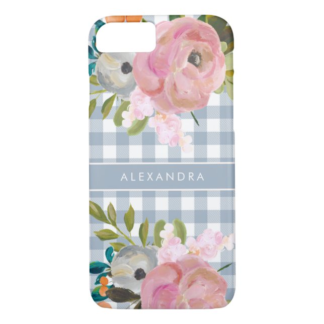 Capa Para iPhone, Case-Mate Floral e Azul Gingham com Nome (Verso)