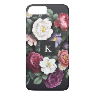 Capa iPhone 8 Plus/7 Plus Floral escuro no monograma do preto