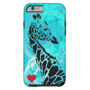 Capa Tough Para iPhone 6 Flores Azuis Girafa com Coração Vermelho