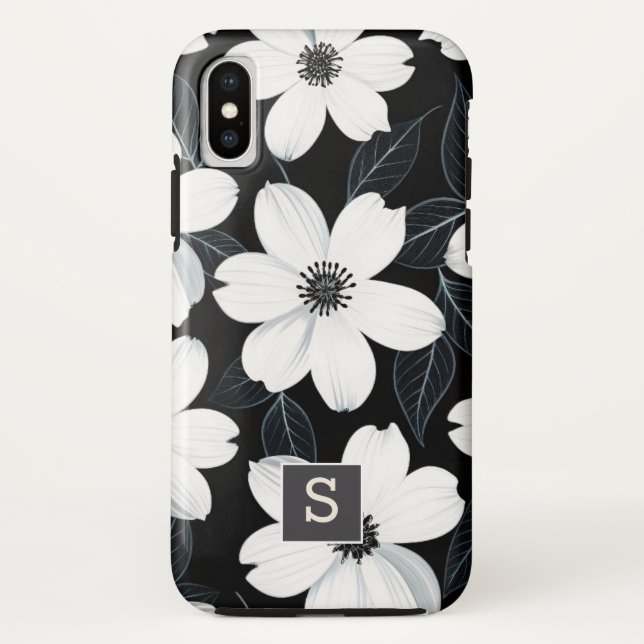 Capa Para iPhone, Case-Mate Flores brancas no Elegante Monograma Negro (Verso)