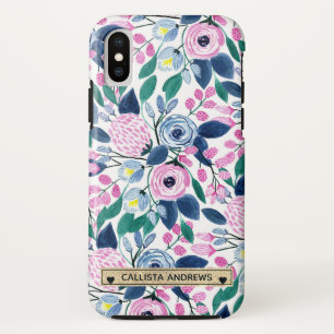 Capa Para iPhone Da Case-Mate Flores cor-de-rosa doce, Marinho Dourado de aquare