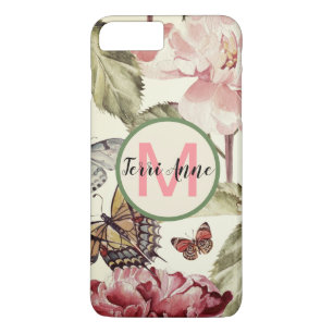 Capa iPhone 8 Plus/7 Plus Flores de Peônias e Borboletas com Monograma