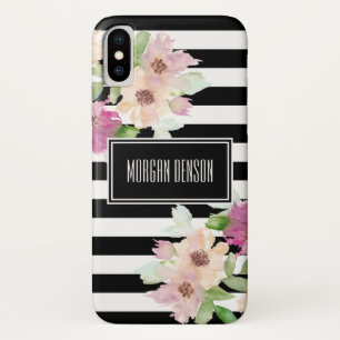 Capa Para iPhone X Flores & listras da aguarela