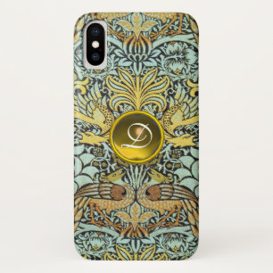 CAPA PARA iPhone X FLORES, PEACOCKS E DRAGÕES MONOGRAMAS GEM AMARELA