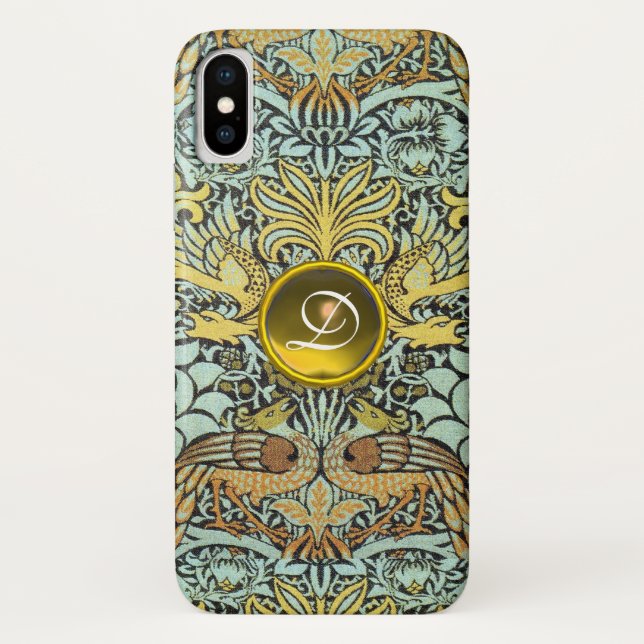 CAPA PARA iPhone, Case-Mate  FLORES, PEACOCKS E DRAGÕES MONOGRAMAS GEM AMARELA (Verso)