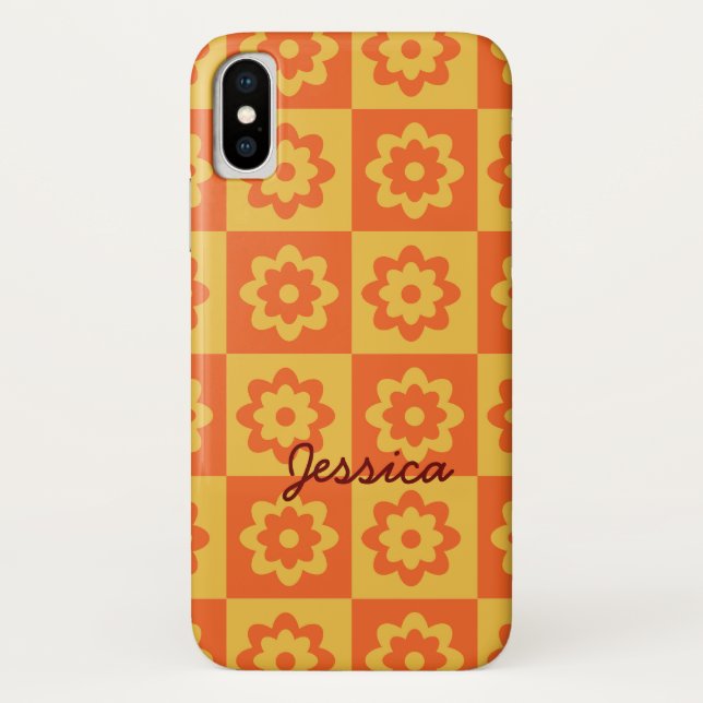 Capa Para iPhone, Case-Mate Flores Retro em Xadrez Amarelo Laranja Personaliza (Verso)