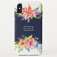 Flores tropicais buquê borda fundo azul