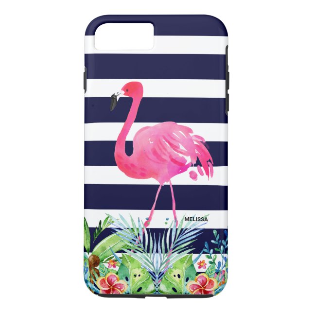 Capa Para iPhone, Case-Mate Flores tropicais estrias azuis e flamingo rosa (Verso)