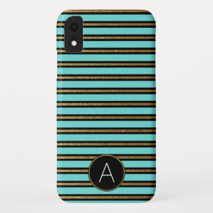 Capa Para iPhone Da Case-Mate Folha de turquesa do monograma, preta e Dourado