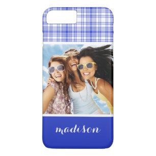 Capa iPhone 8 Plus/7 Plus Foto personalizada e nome Blue White Xadrez 2