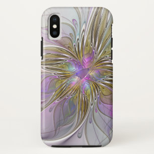 Capa Para iPhone X Fractal Abstrato Colorida Floral, Rosa E Dourada