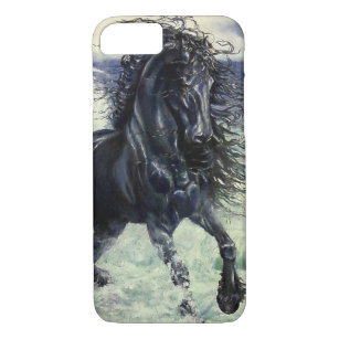 Capa iPhone 8/ 7 Frisão, cavalo preto do garanhão da beleza, ondas