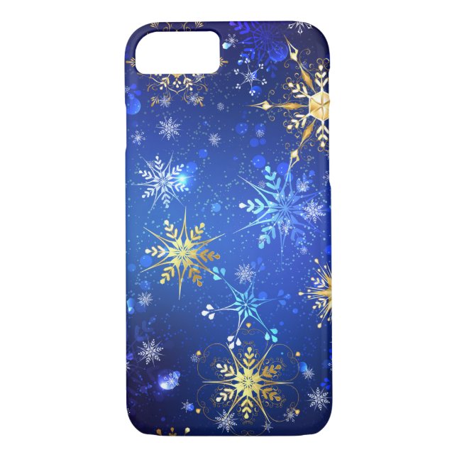 Capa Para iPhone, Case-Mate Fundo Azul XMAS com Flocos de Neve Ouro (Verso)