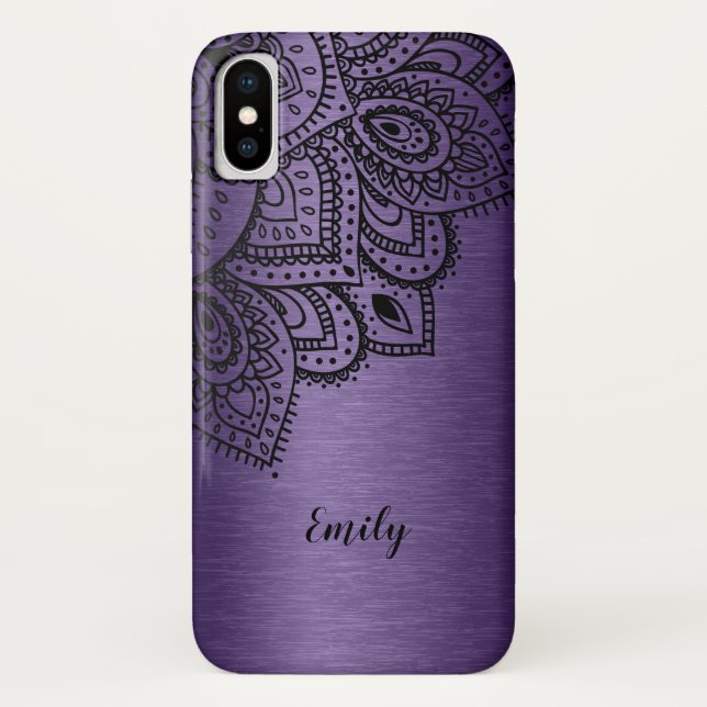 Capa Para iPhone, Case-Mate Fundo Metálico Roxo Mandala Preto (Verso)