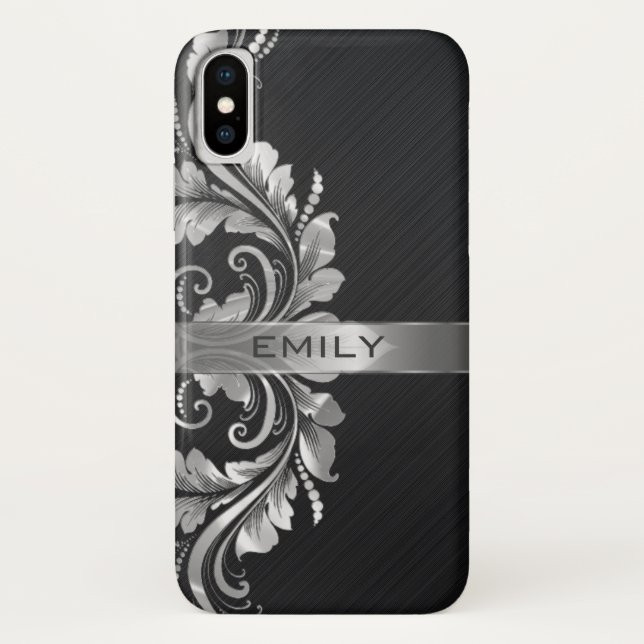 Capa Para iPhone, Case-Mate Fundo Preto da Impressão Floral de Prata (Verso)
