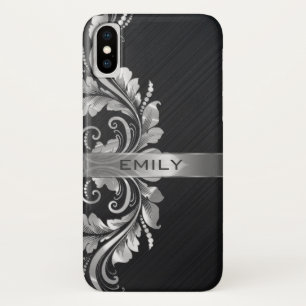 Capa Para iPhone X Fundo Preto da Impressão Floral Silver
