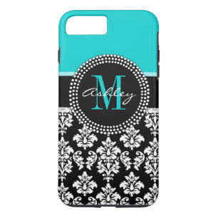 Capa Para iPhone Da Case-Mate Garota Aqua Black Damasco Seu Nome De Monograma