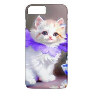 Capa iPhone 8 Plus/7 Plus Gato branco com pintura de colarinho de flores rox