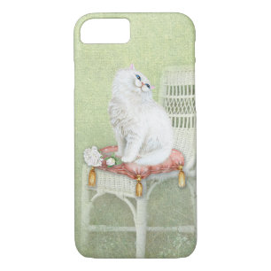 Capa iPhone 8/ 7 gato branco e rosas no travesseiro de cadeira eleg