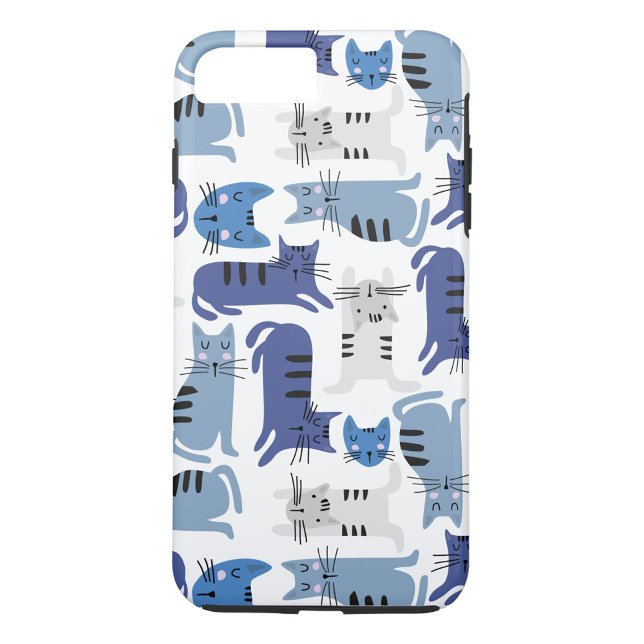 Capa Para iPhone, Case-Mate Gatos Azuis (A phone case with a pattern of cartoon cats in various shades of blue and gray on a white background)
