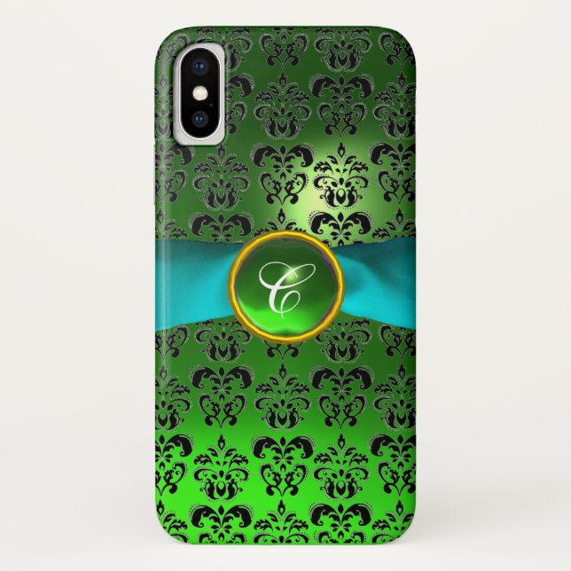 Capa Para iPhone, Case-Mate GEM MONOGRAMA GEM NEGRA VERDE Fita Azul (Verso)