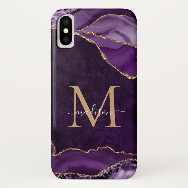 Capa Para iPhone, Case-Mate Glam Purple Dourado Glitter Agate Gemstone Monogra (Verso)