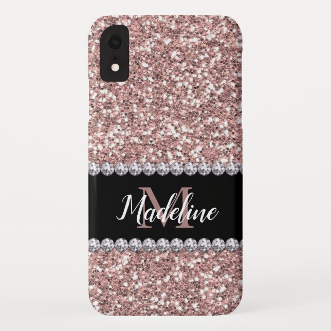 Capa Para iPhone, Case-Mate Glitter e Gems Douradas rosa com Nome e Monograma (Verso)