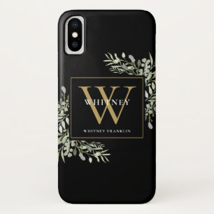 Capa Para iPhone Da Case-Mate Greenery Dourado Monograma Elegante Moderno Preto