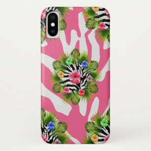 Capa Para iPhone X Hibiscus tropical e listras cor-de-rosa exóticas