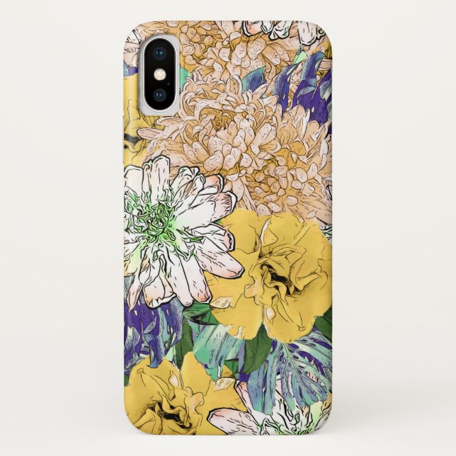Capa Para iPhone, Case-Mate Ilustração Cinzenta Floral Amarela e Verde Trendy (Verso)