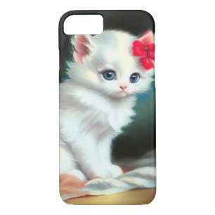Capa iPhone 8/ 7 Ilustração Vintage White Kitten com Flores Vermelh