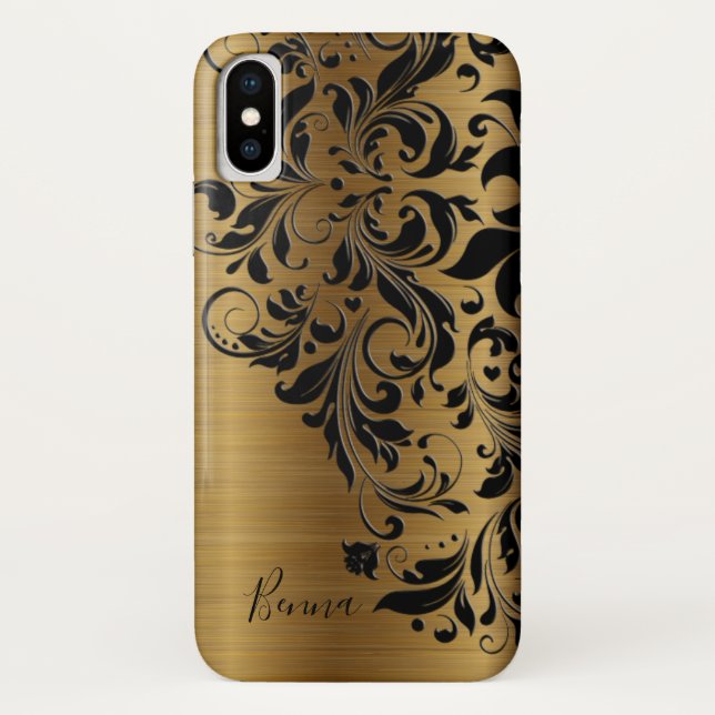 Capa Para iPhone, Case-Mate Impressão Dourado metálico e rendas florais pretas (Verso)
