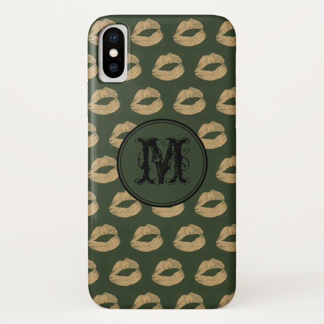Capa Para iPhone, Case-Mate Lábios Khaki Monograma Personalizado Gótico (Verso)