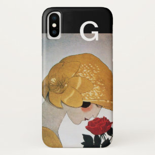 CAPA PARA iPhone X  LADY COM MONOGRAMA DE ROSA VERMELHA