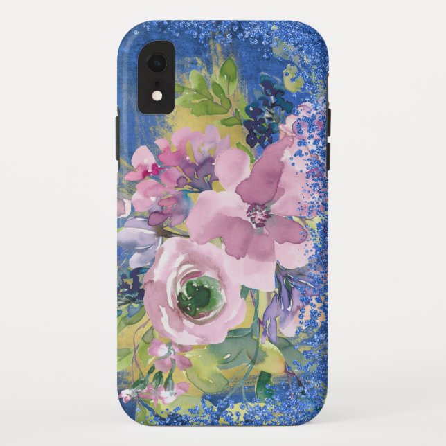 Capa Para iPhone, Case-Mate Lavanda Azul Floral Glitter Aquarela (Verso)