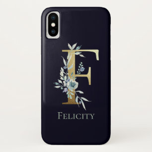 Capa Para iPhone Da Case-Mate Letra Monograma Dourada F Azul Escuro Floral Nome