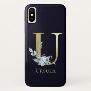 Capa Para iPhone Da Case-Mate Letra U Monograma Dourado de Luxo Floral Azul Nome