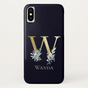 Capa Para iPhone Da Case-Mate Letra W Monograma Dourado de Luxo Floral Azul Nome
