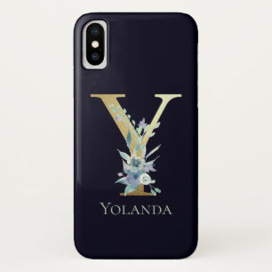 Capa Para iPhone Da Case-Mate Letra Y de Monograma Dourado de Luxo Floral Azul N
