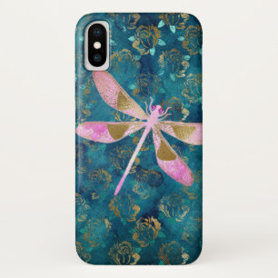 Capa Para iPhone Da Case-Mate Libélula Dourado do rosa do rosa na folha do azul