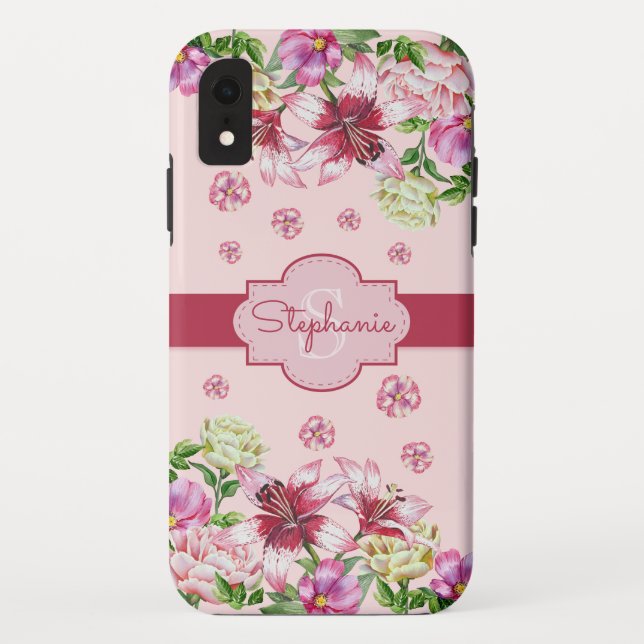 Capa Para iPhone, Case-Mate Lily Peony Floral Blush Monograma Rosa (Verso)