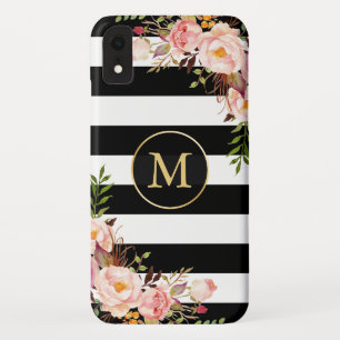 Capa Para iPhone XR Listras brancas pretas florais Dourados