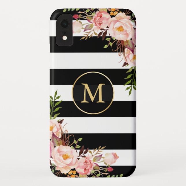 Capa Para iPhone, Case-Mate Listras brancas pretas florais Dourados (Verso)