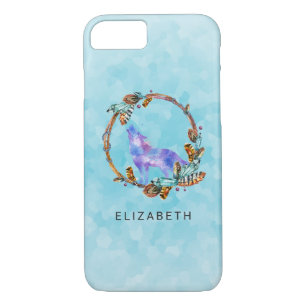 Capa iPhone 8/ 7 Lobo de Aquarela com Boho Style e Wreath Personali