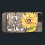 Capa iPhone 8/ 7 Madeira Rústica de Girassol com Citação<br><div class="desc">Bonito capa de telefone floral com girassol de cor d'água com citação inspiradora. A citação motivacional diz "Crie seu próprio Sol." O fundo é textura de madeira. design russo e country.</div>